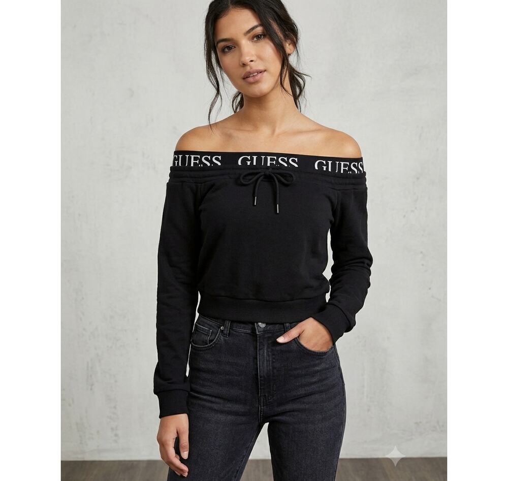 GUESS Black Logo Elastic Off-The-Shoulder Cropped Fleece Sweatshirt XS